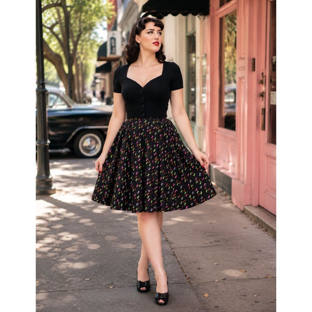 Trashy Diva Lucy Skirt Womens 10 Black Hourglass Bow Print Retro Pinup Mod 50s